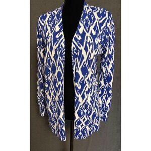 Chicos Open Front Cardigan Blue White Ikat Print Long Sleeve Sz 1 (8) Vibrant